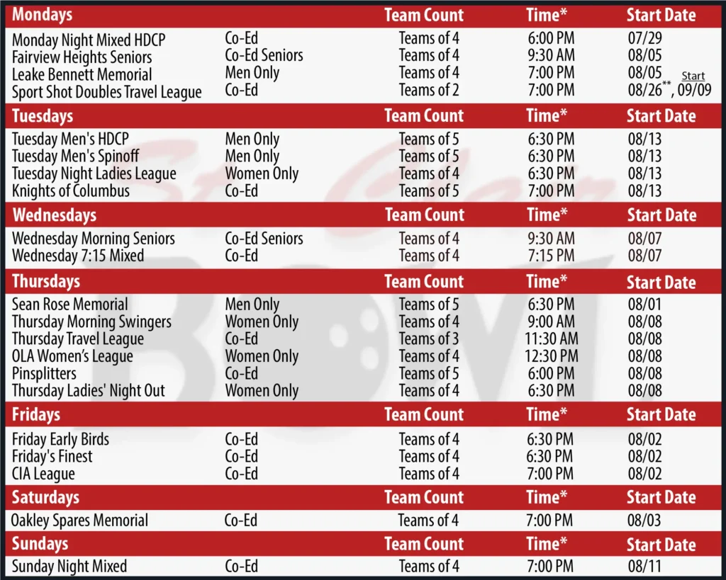 Fall 2024 League Schedule for St. Clair Bowl