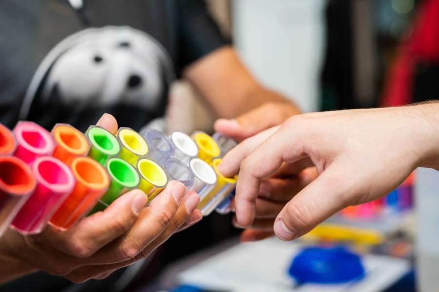 Bowling ball finger inserts in multiple colors being shown to a customer