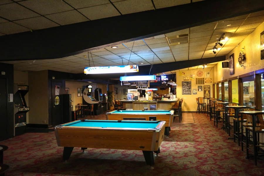 Pool tables and game area inside St. Clair Bowl in Fairview Heights IL